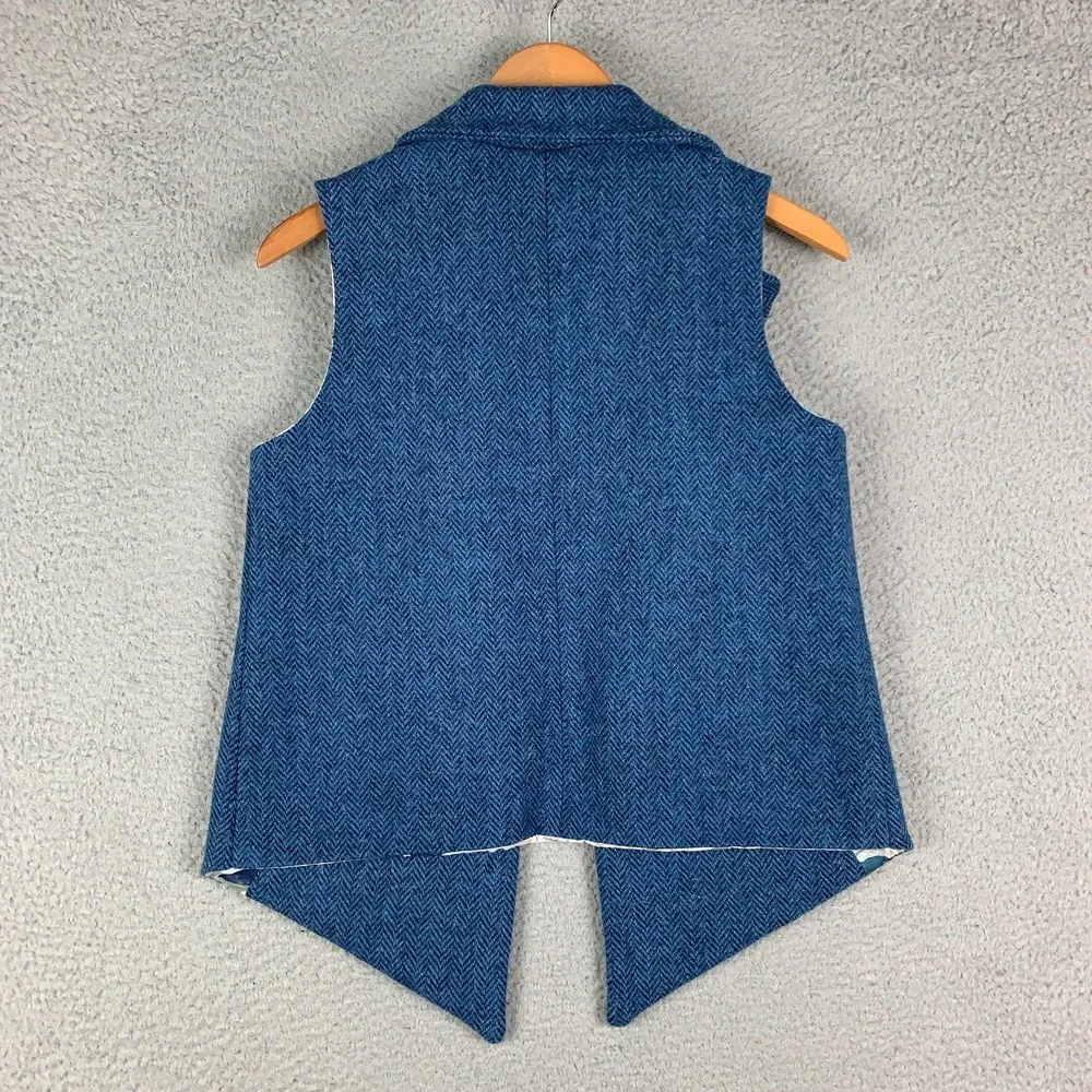Harris Tweed Vest Waistcoat Women's 4 Blue Herringbone Open Front Handwoven Wool - Picture 5 of 8